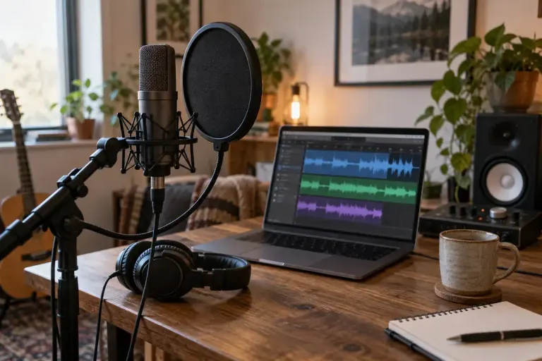 Microphone and pop filter beside a screen displaying illustrative audio waveforms.