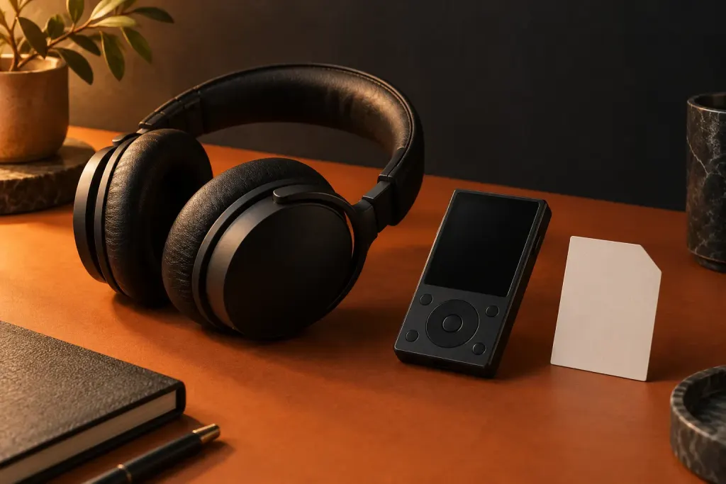 Studio still-life illustration of black headphones, a portable audio player and a simple file card on an orange surface