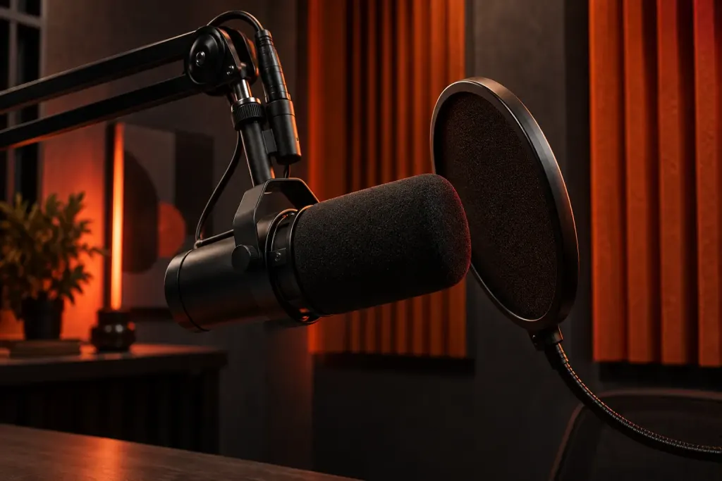 Studio illustration of an unbranded microphone with a pop filter beside orange acoustic panels