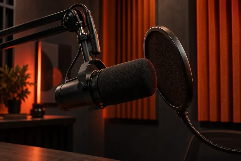 Studio illustration of an unbranded microphone with a pop filter beside orange acoustic panels