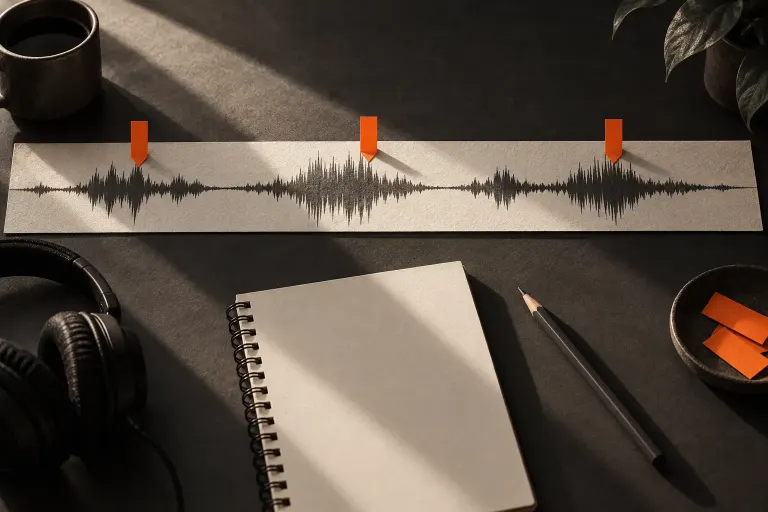 Conceptual studio illustration of an audio waveform strip with colored markers and a notebook, without readable text